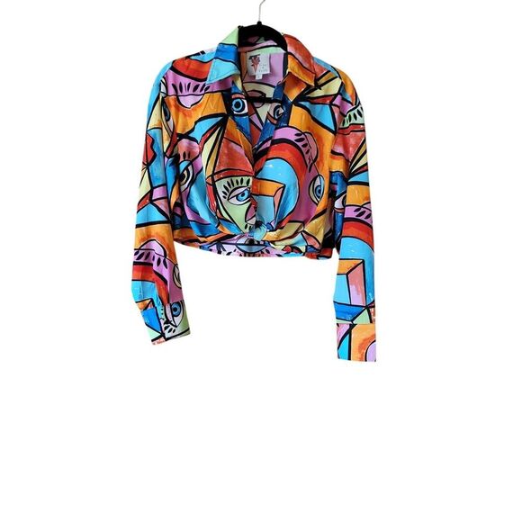 Anthropologie Live 4 Truth Colorful Retro Cropped Loose Fit Blouse Sz Small - Picture 1 of 8